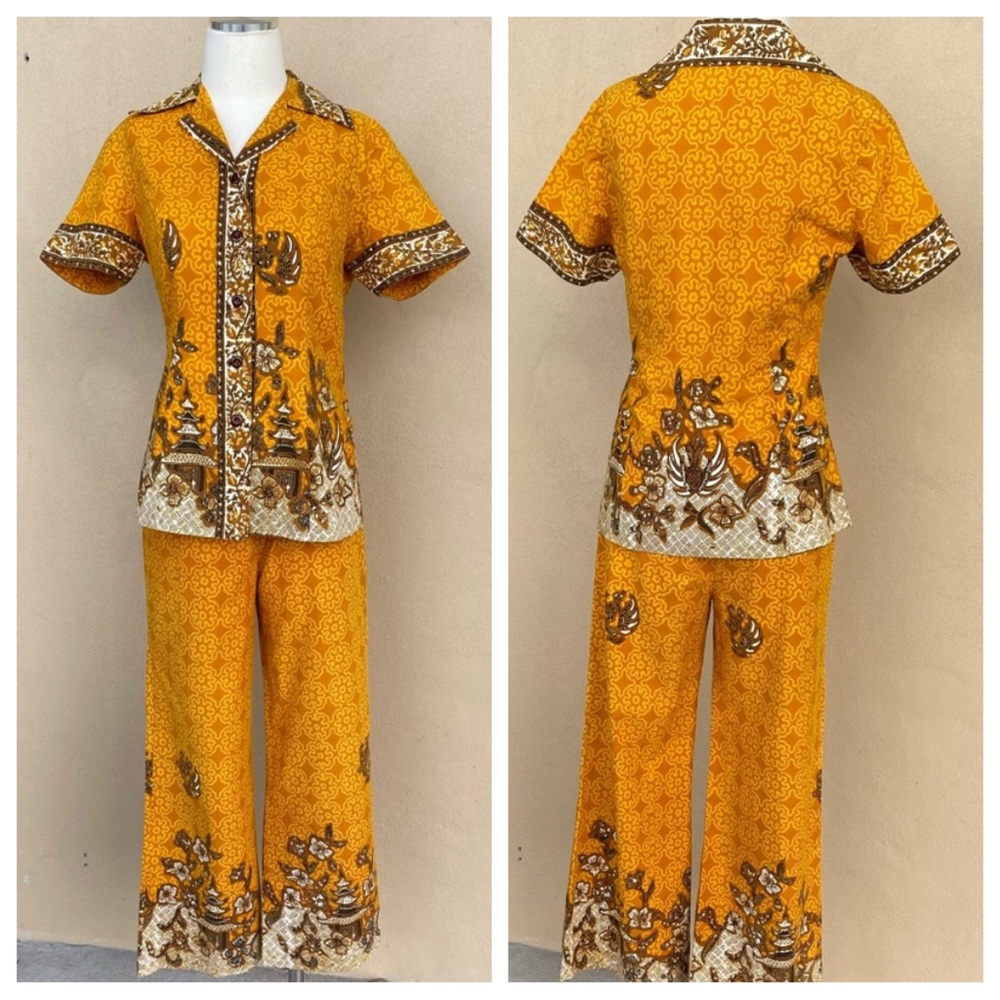 VTG 60s Batik Loungewear Set Top Pants S Indonesian Boho Print MOd Tiki Ethnic
